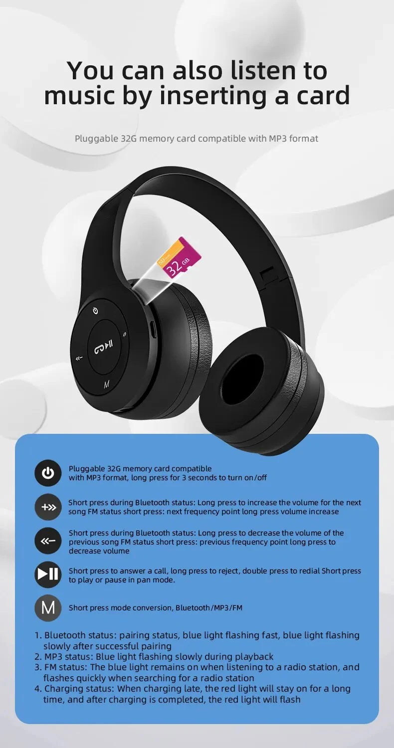 Cuffie Bluetooth 5.0 Pieghevoli Stereo Wireless Universali Per Sport E Gaming Con Controllo Volume E Cancellazione Attiva Del Rumore