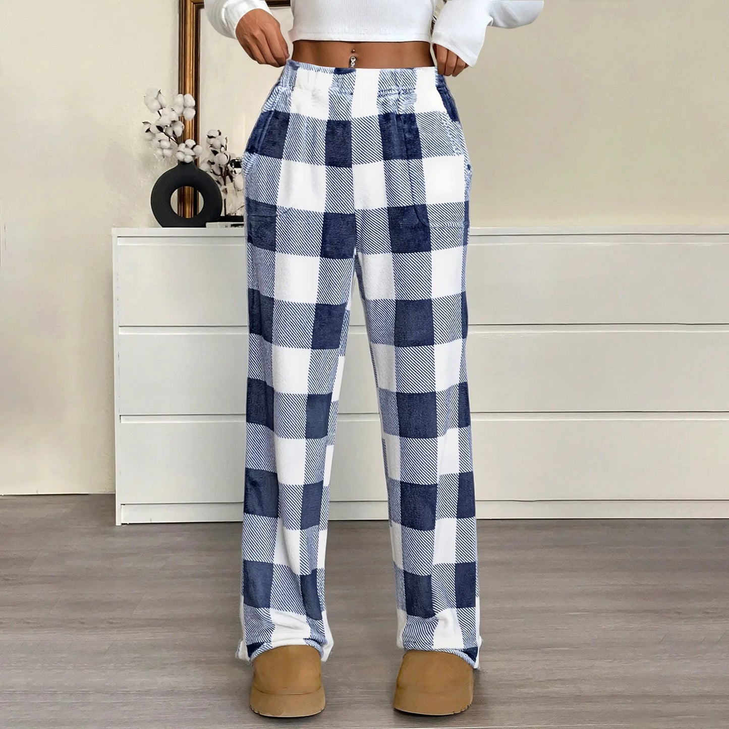 Pantaloni Del Pigiama Da Donna Con Vita Elastica E Scozzesi In Pile Morbidi Con Tasche Peluche