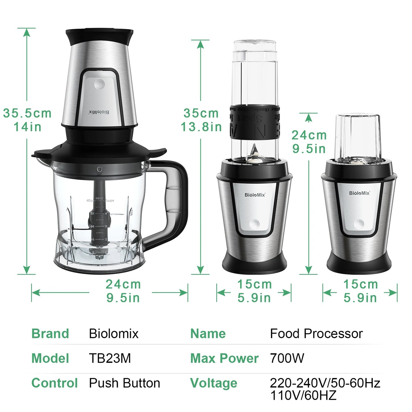 Biolomix TB23M Robot da Cucina 3 in 1 700W Potente Multifunzione Frullatore Spremiagrumi e Tritatutto per Famiglie