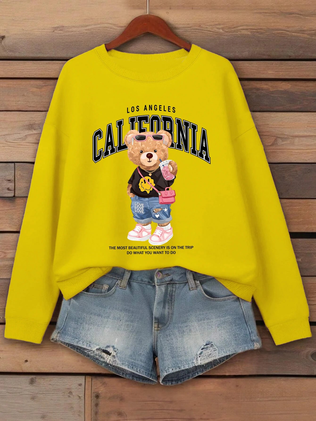 Orsetto Bere Tè Al Latte Stampato Pullover Da Donna Con Collo A O Felpa In Pile Streetwear Autunno