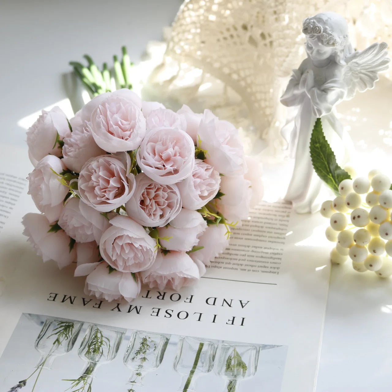 Rosa Rosa Peonia Fiori Artificiali In Seta Bouquet Da 27 Teste Per Vaso Da Tavolo Decorazione Nozze Casa
