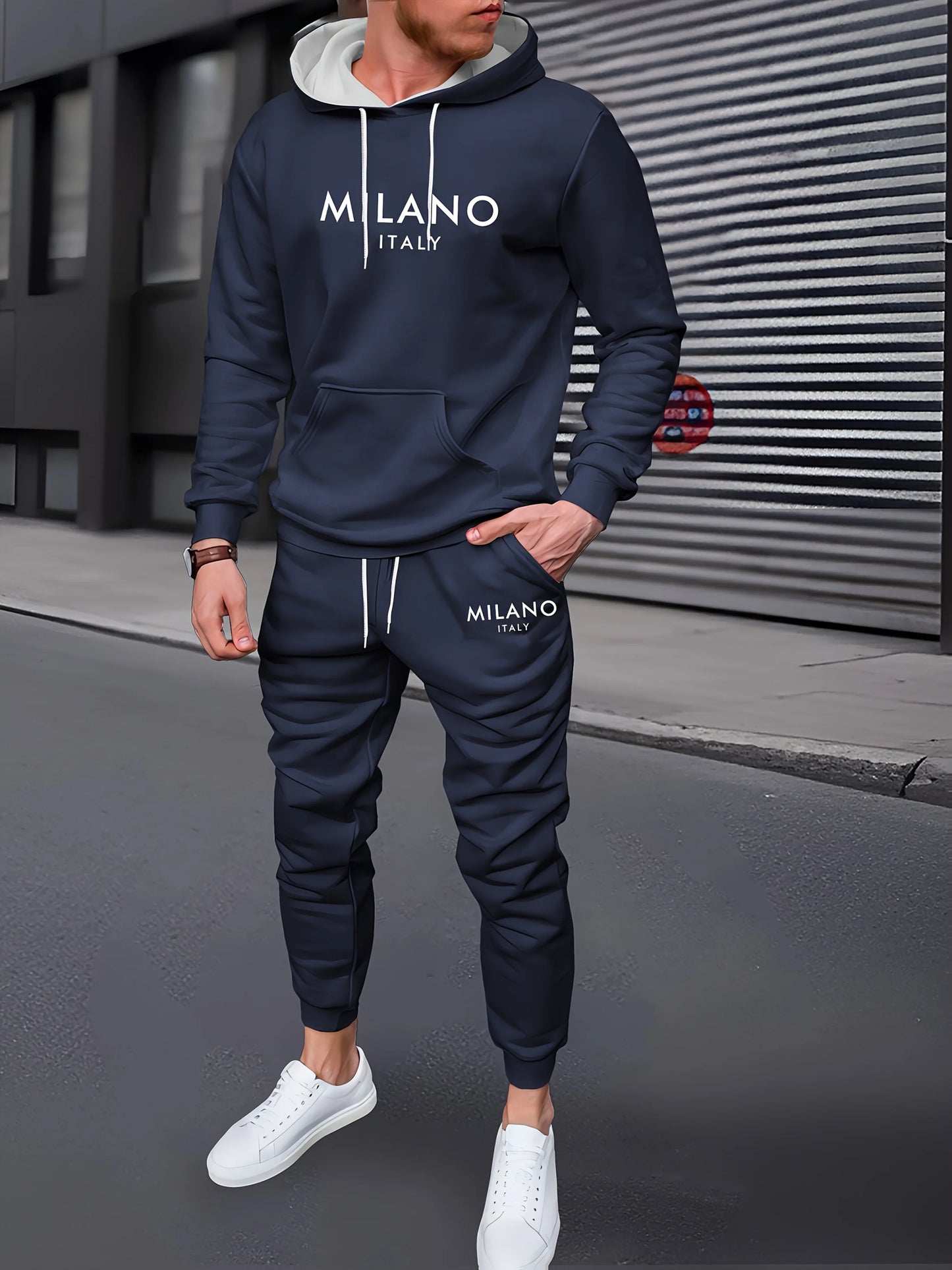 Felpa Sportiva Da Uomo Autunno Inverno Calda In Velluto Spesso Stampa Lettera Milano Italia E Set Pantaloni Della Tuta