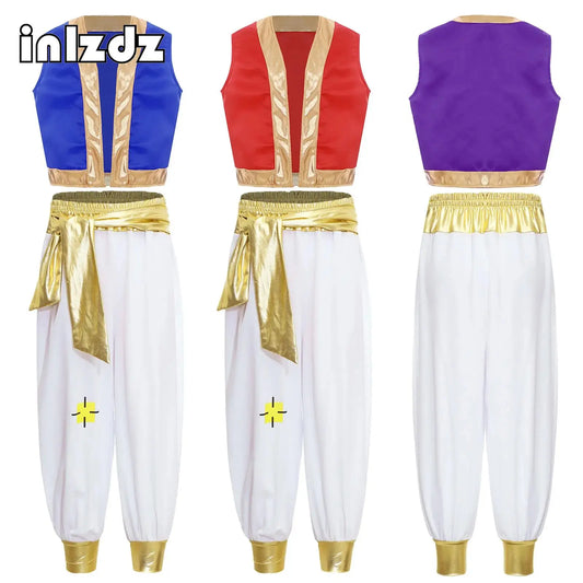 Costume da Principe Arabo per Ragazzi, Abito per Cosplay, Gilet, Pantaloni Harem, Completo per Halloween, Carnevale e Spettacoli Teatrali