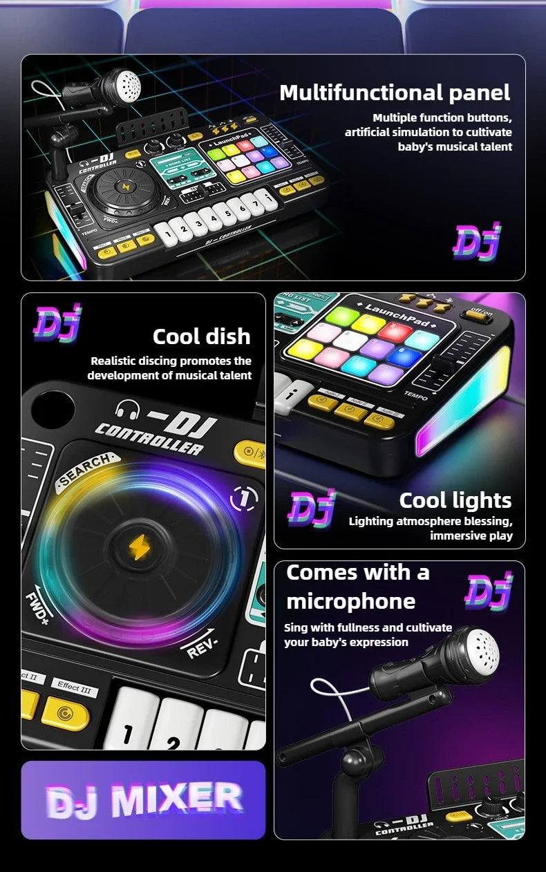 Controller DJ per bambini Mixer giocattolo musicale con microfono Luce a LED Gioco musicale elettronico Giradischi DJ per regali di compleanno per bambini