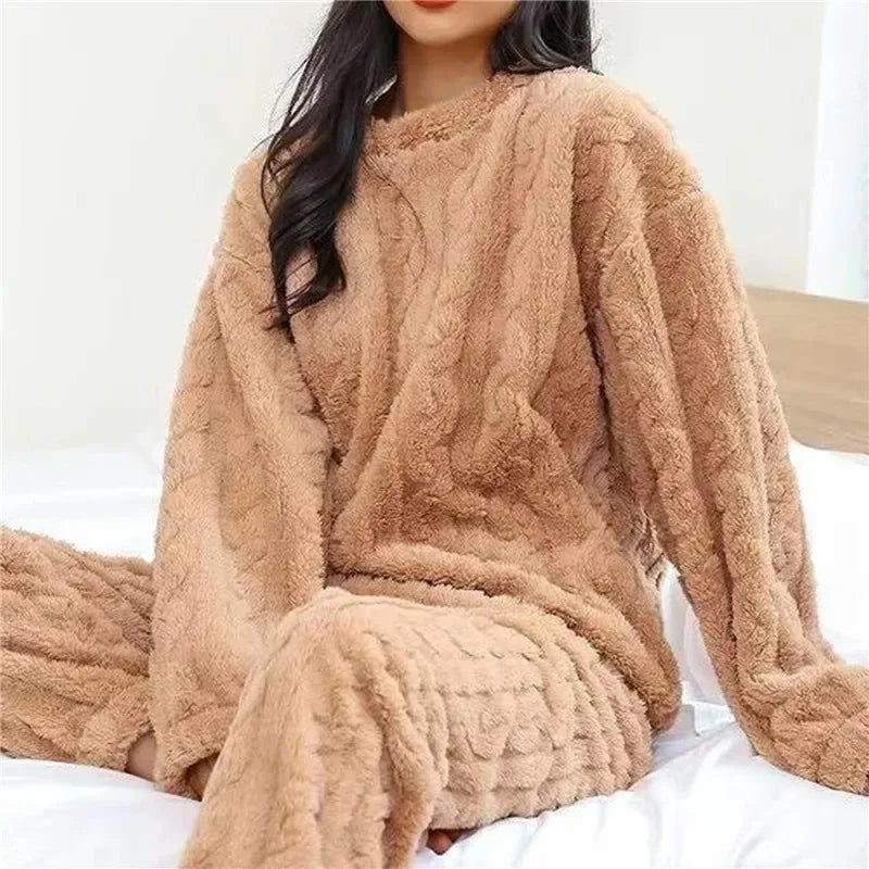 Pigiama Da Donna In Velluto Jacquard Caldo Corallo Morbido Inverno Accogliente Natale Regalo Di San Valentino
