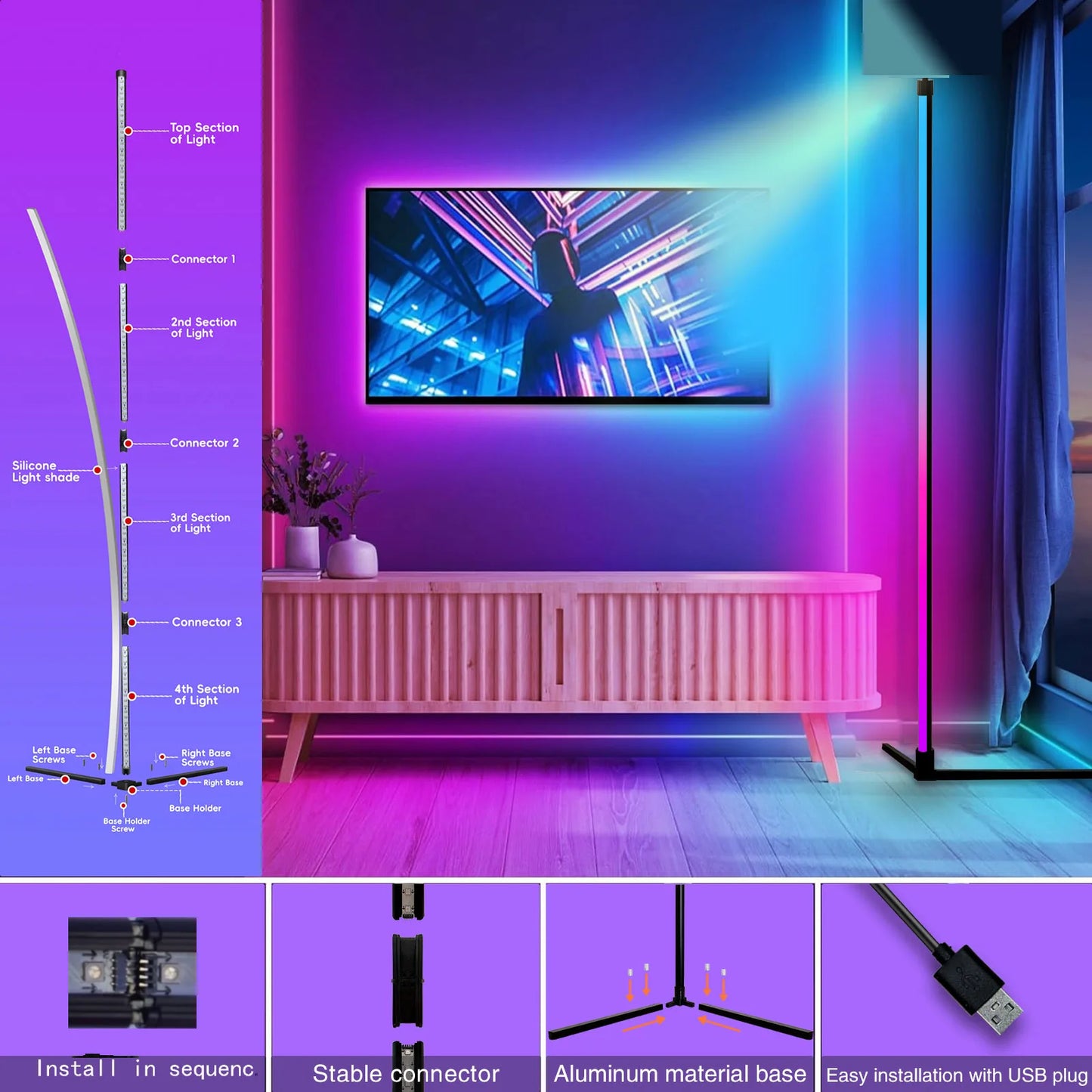 Lampada Da Terra Angolare RGB Dimmerabile Con Controllo Tramite App E Sincronizzazione Musicale