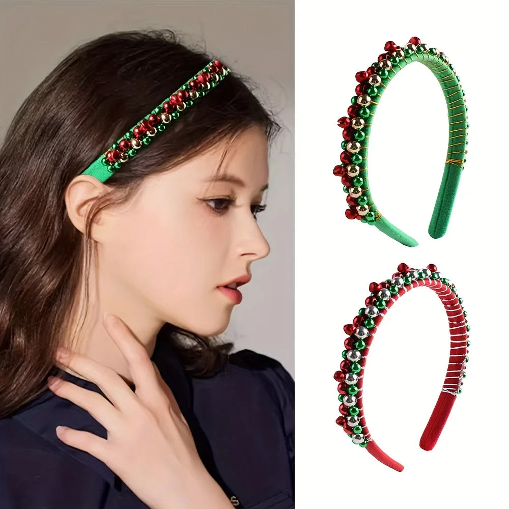 Fascia Natalizia Festiva Con Perline Rosse Verdi Accenti Dorati E Ciondoli A Campana Poliestere Avvolto A Mano