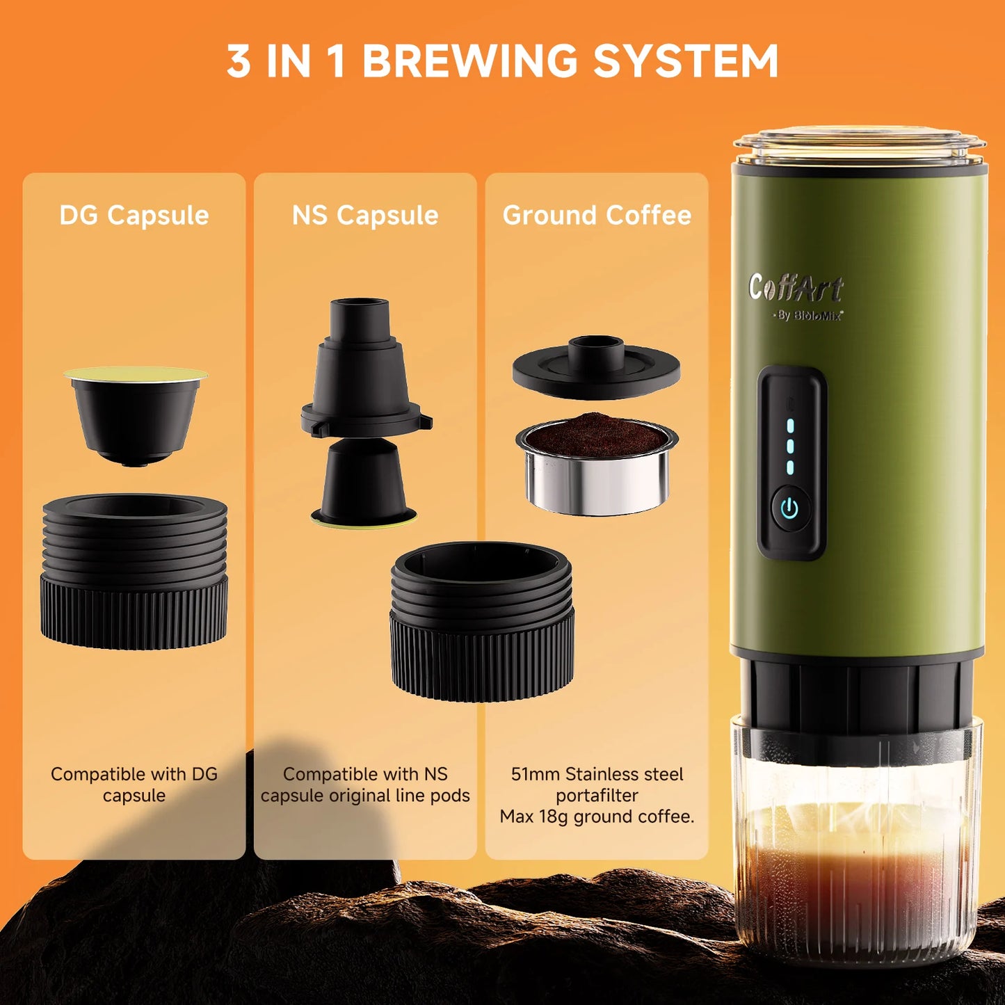 Biolomix Caffettiera Portatile 3 In 1 Per Viaggiatori Espresso USB 12V Compatibile Nespresso Dolce Gusto
