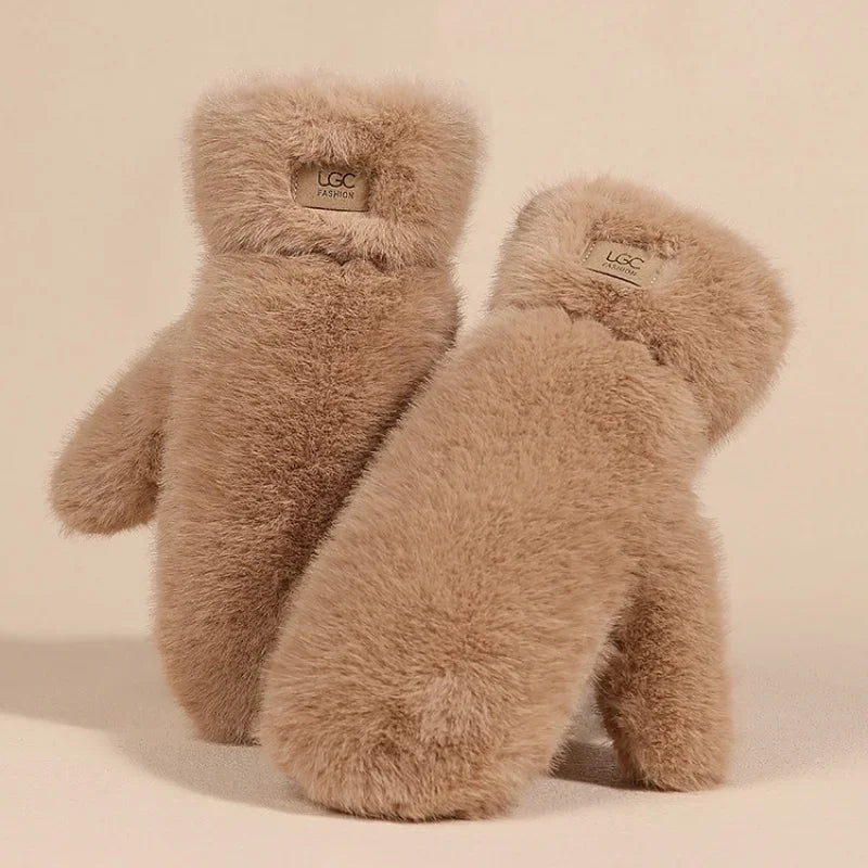 Guanti In Peluche Spessi E Caldi Con Cashmere E Pelliccia Di Coniglio Imitazione Per Donne Antivento Con Dita Intere