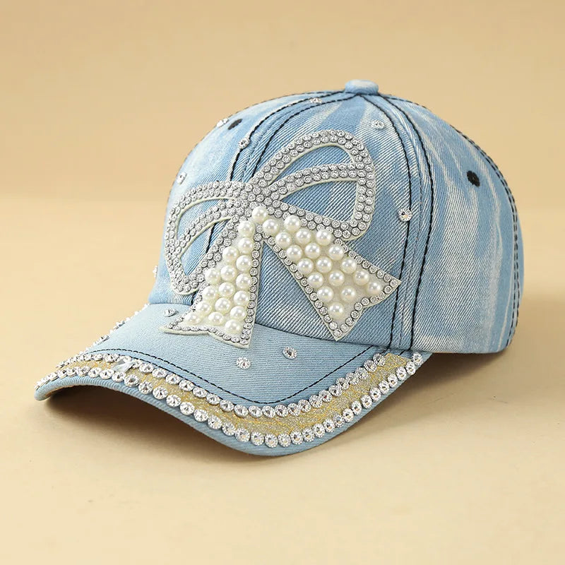 Berretti Baseball Denim Regolabili Protezione Solare Fiocco Perle Cuciture Diamante Fatto a Mano Cappelli Versatili