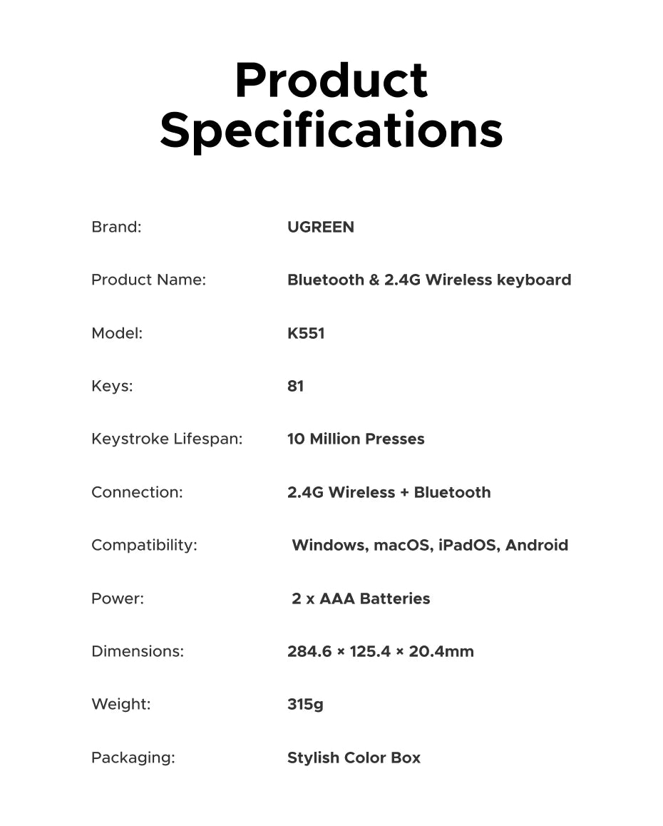 Tastiera Wireless Bluetooth 5.3 E 2.4G 78 Tasti UGREEN Compatibile MacBook iPad PC Tablet Russo EN