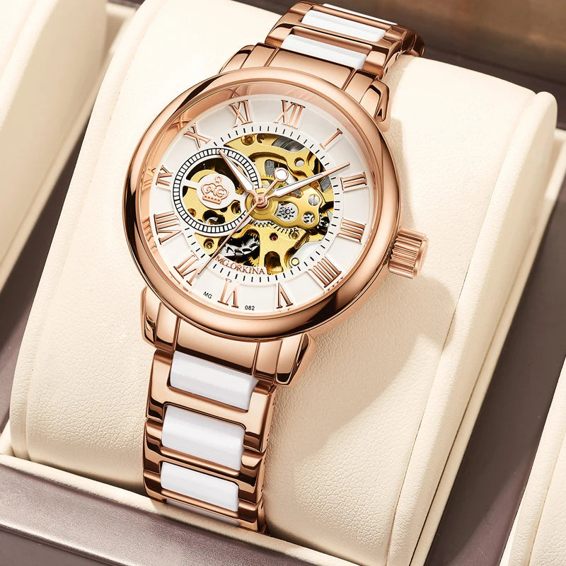Orologio Meccanico Automatico Da Donna Orkina Classico Scheletrato Lusso Cinturino In Acciaio Inossidabile E Pelle