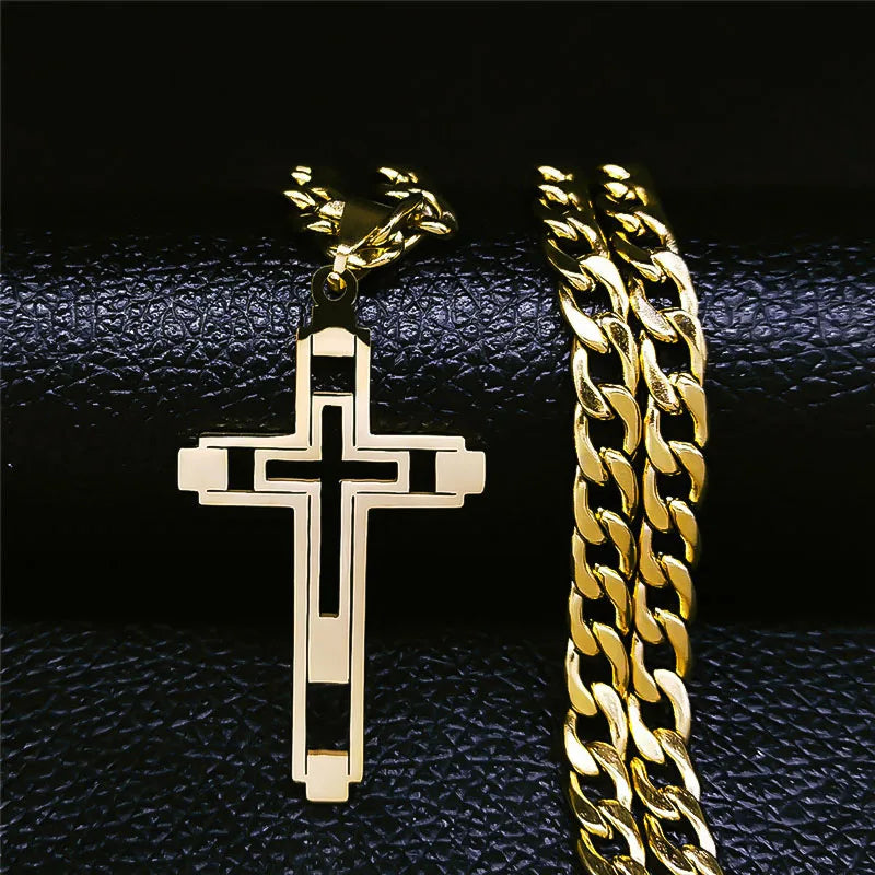 Collana Hip Hop Croce Unisex In Acciaio Inossidabile Con Pendente Lungo Dorato Oro N6055S05