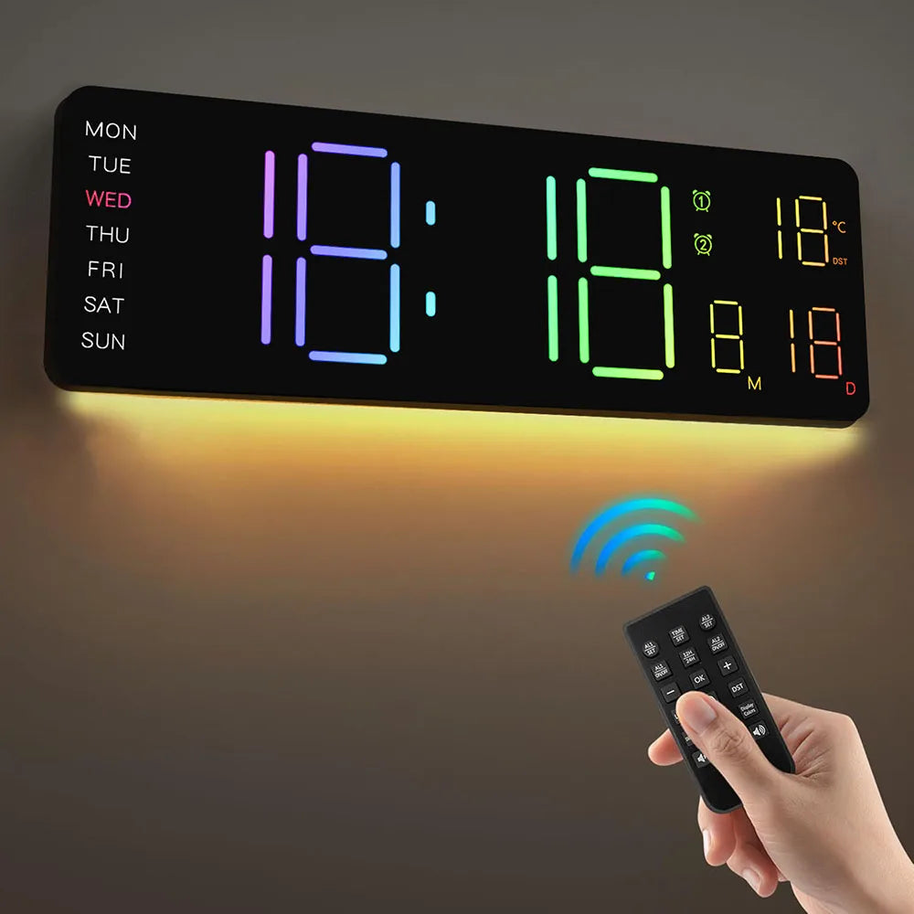Orologio Da Parete Digitale A Led Con Calendario Telecomandato Luce Notturna Colorata Per Soggiorno Casa Intelligente