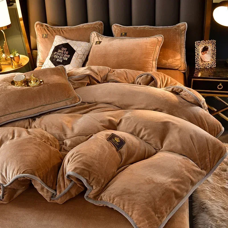 Set Di Biancheria Da Letto In Pile Di Latte Ultra Spesso Queen Size Copripiumino Invernale Caldo Di Fascia Alta