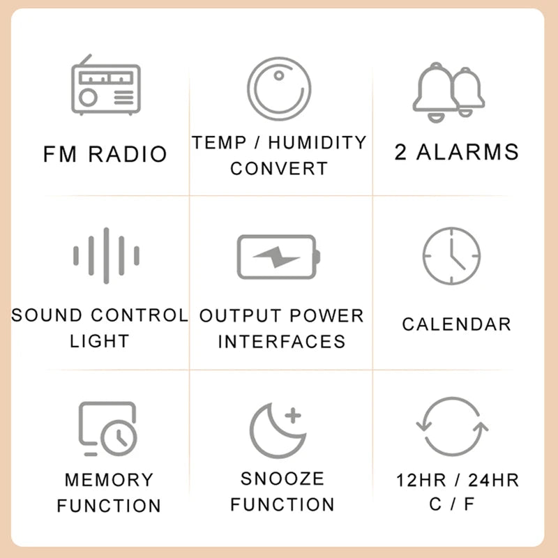 Sveglia LED Moderna Con Radio FM Per Comodino Calendario Digitale Da Tavolo Con Termometro Umidità E Igrometro