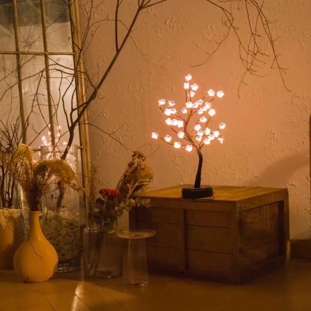 Lampada Da Tavolo LED Per Bonsai Artificiale Ciliegio Bianco Caldo Con Interruttore Tattile USB E Batteria