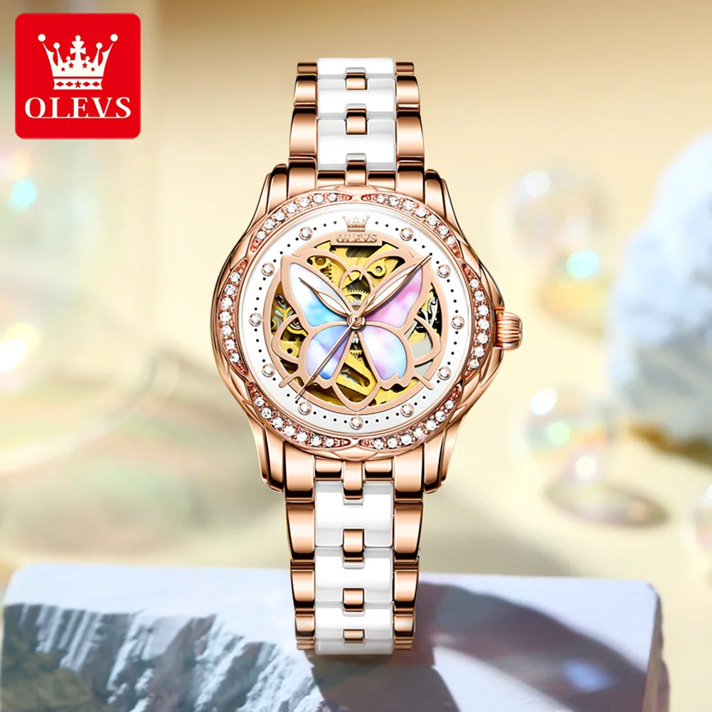 OLEVS Orologio Da Donna Meccanico Automatico In Ceramica Lunetta Originale Impermeabile Luminoso Quadrante A Farfalla