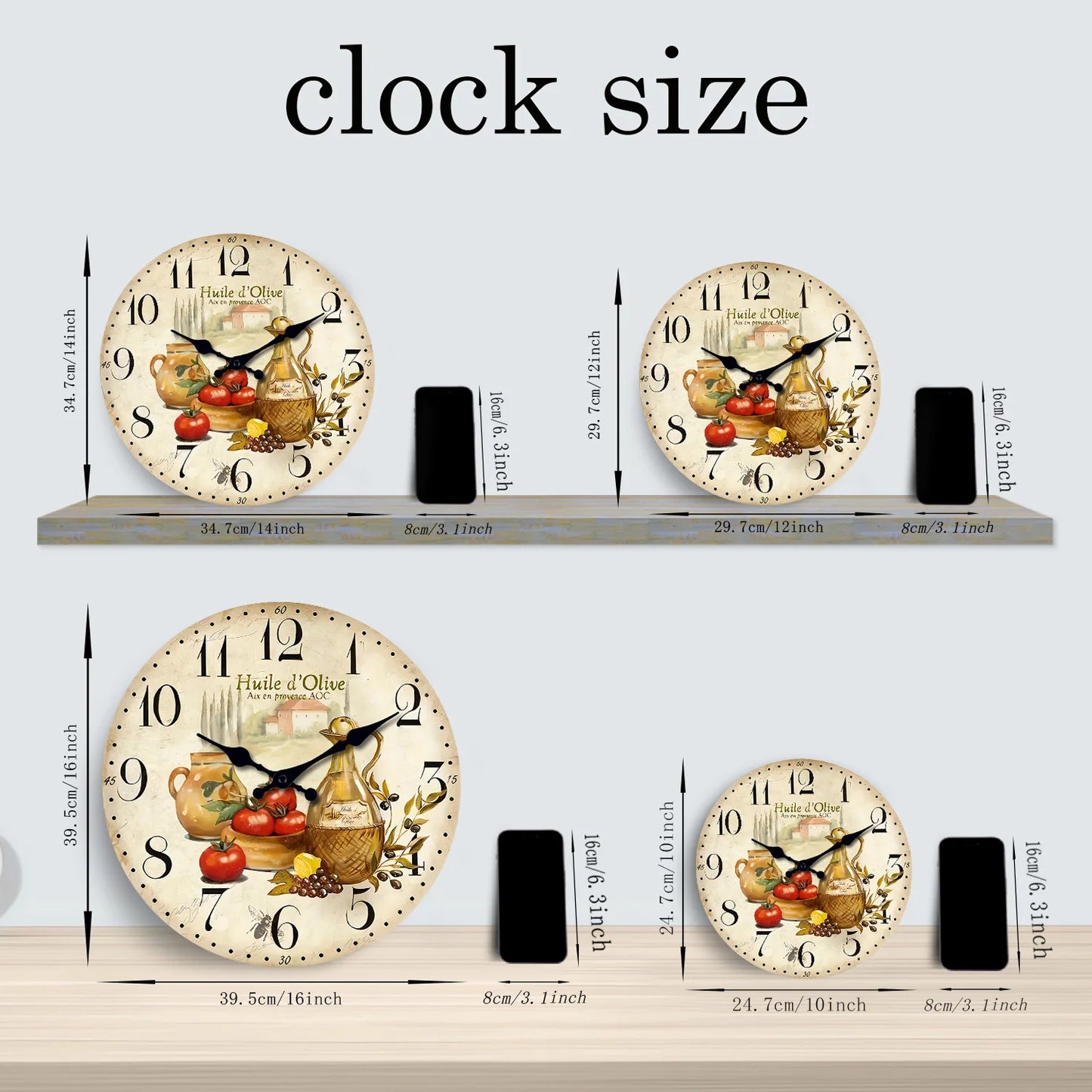 Orologio Da Parete In Legno Motivo Oliva Pomodoro Retrò Quarzo Silenzioso Per Soggiorno Cucina Letto 10 E 12 Pollici