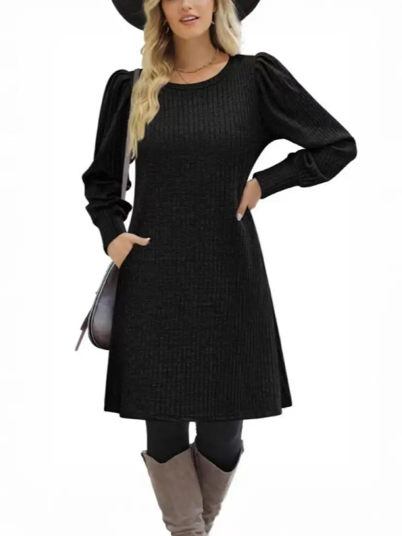 Abito da Donna in Maglia con Maniche a Palloncino e Tasche Laterali Autunno Inverno Comfort Quotidiano