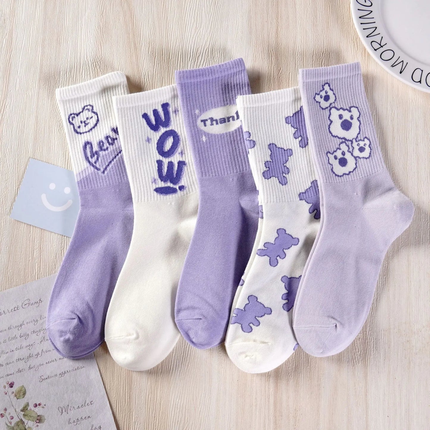 5 Paia Calzini Da Donna In Cotone Set Autunno Primavera Inverno Kawaii Harajuku Rosa Bianco Love Print