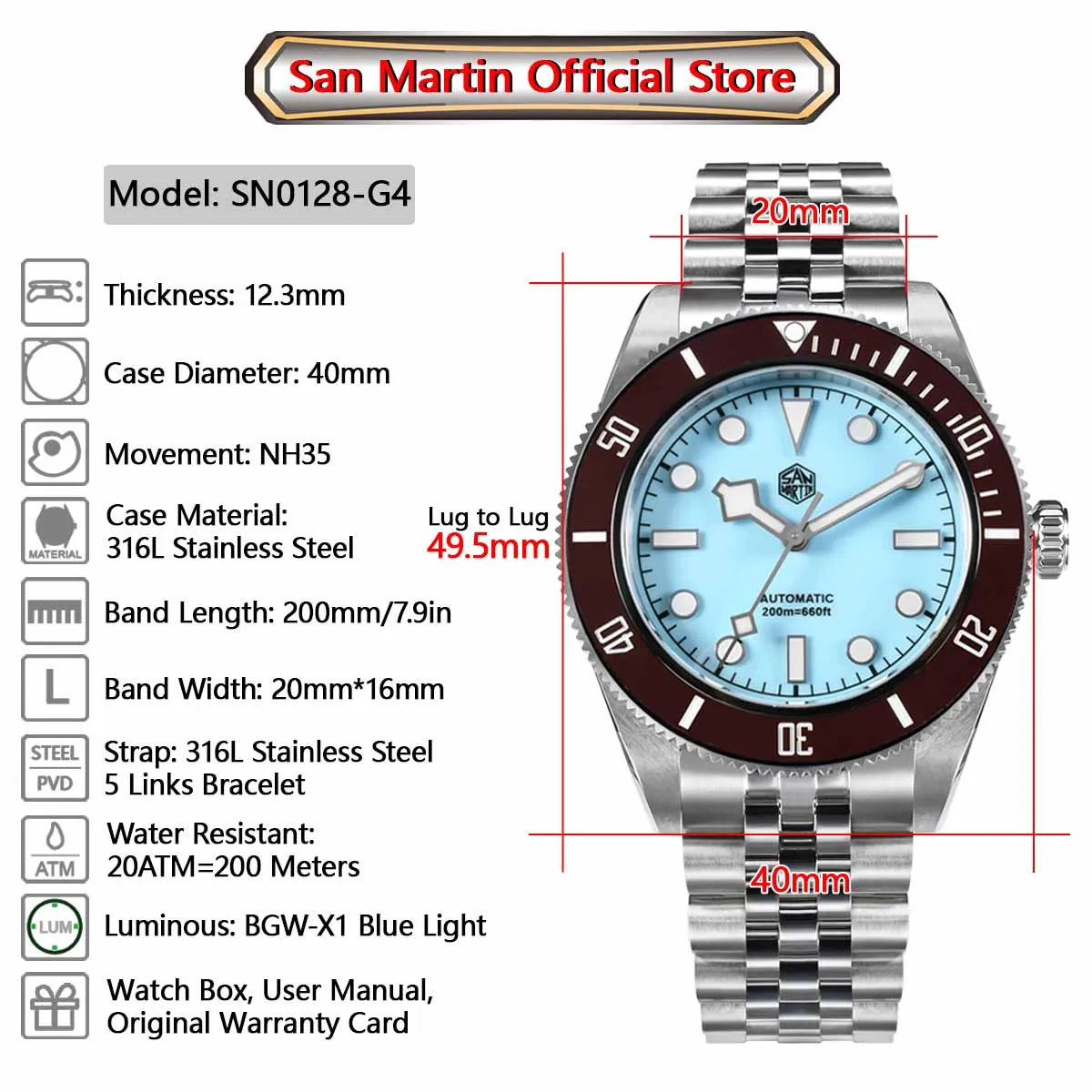 San Martin Orologio 40mm BB Diver Smaltato Quadrante Enamel Blu Lusso NH35 Automatico 200m SN0128