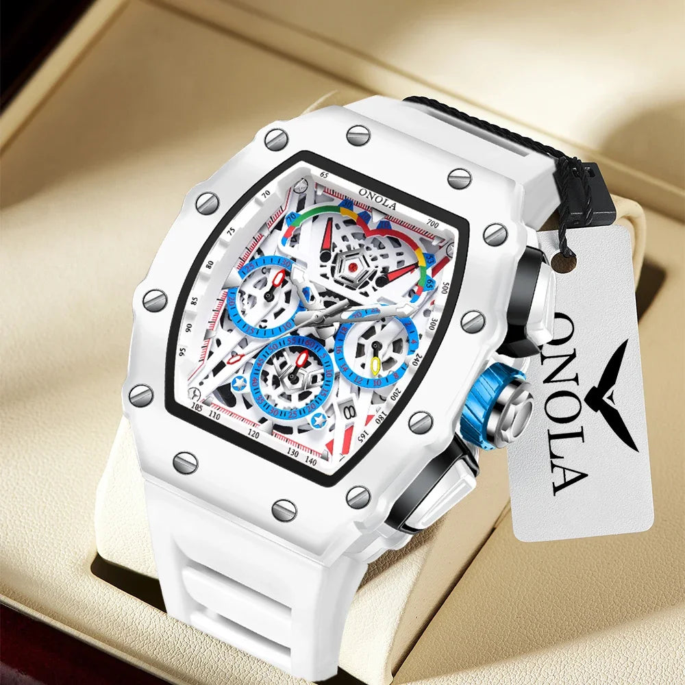 Orologio Da Uomo Di Lusso Onola Moda Casual Cinturino In Silicone Multifunzione Quarzo Impermeabile Bianco