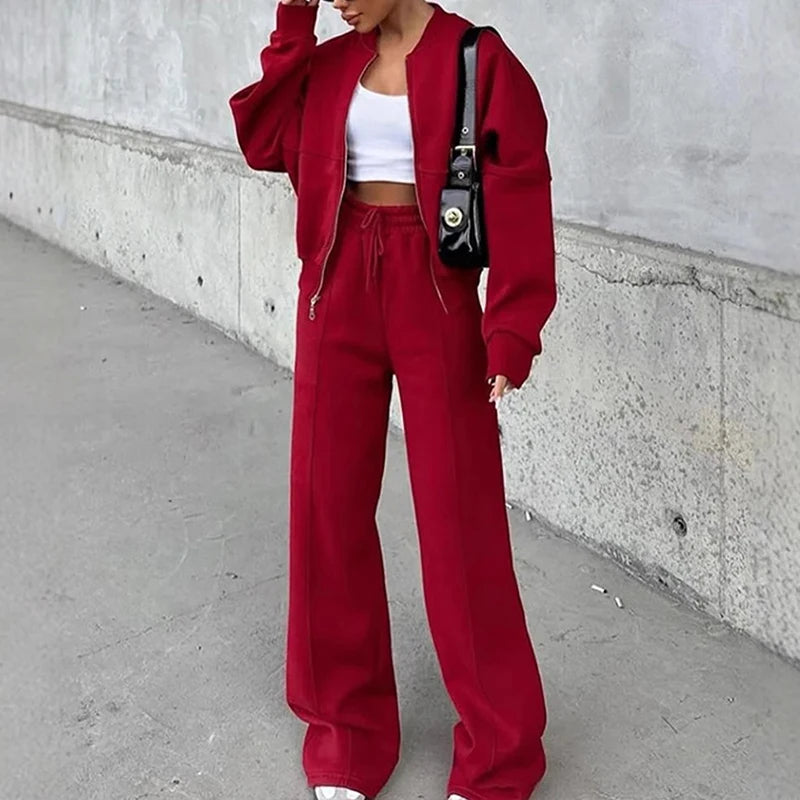 Set Di Tute Da Donna Casual Cardigan Corto Allentato Con Cerniera E Pantaloni Sportivi Con Coulisse Streetwear