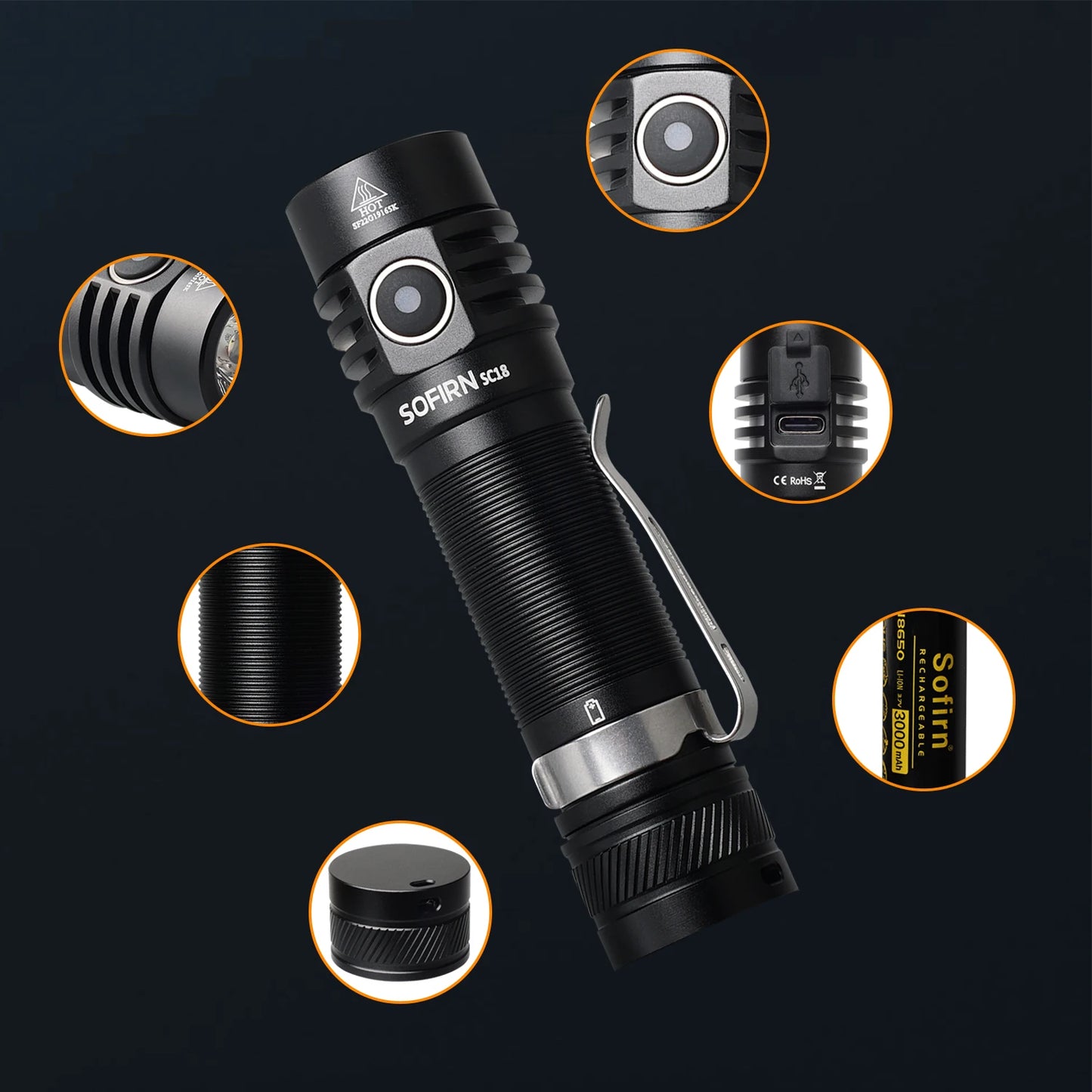 Sofirn SC18 1800lm Torcia EDC USB C Ricaricabile SST40 LED 18650 Ottica TIR Lente Lanterna Indicatore di Alimentazione
