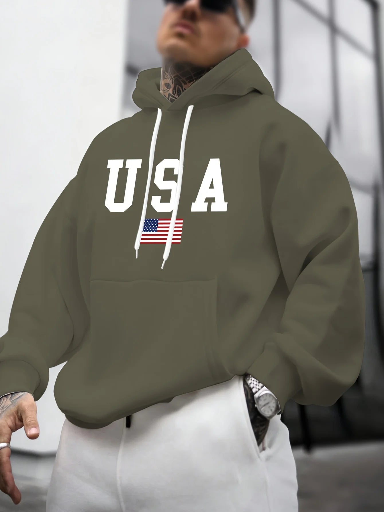 Felpa Con Cappuccio Da Uomo A Maniche Lunghe Con Stampa Grafica Bandiera Americana Allentata Caldo Autunno Inverno