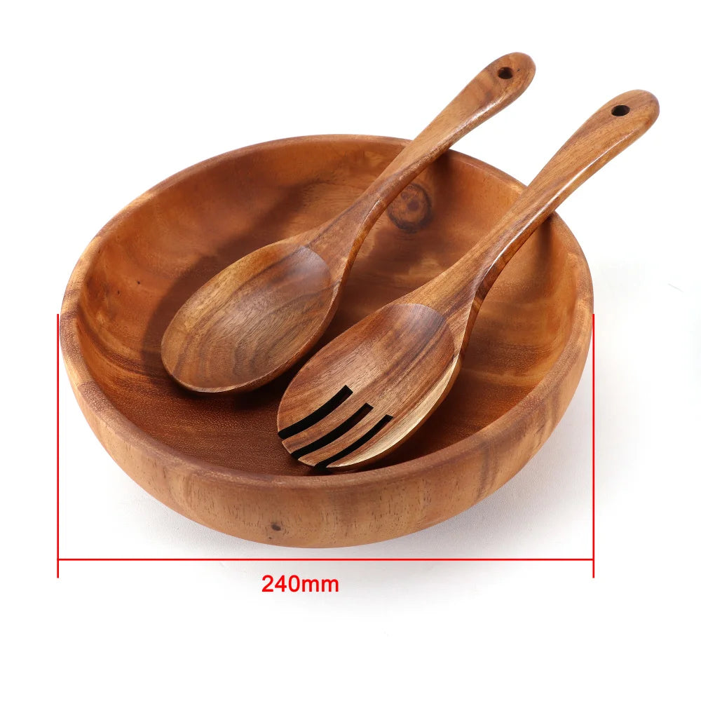 Jaswehome Set Tre Pezzi Ciotole In Legno Di Acacia Naturale Con Cucchiaio E Forchetta Per Servire