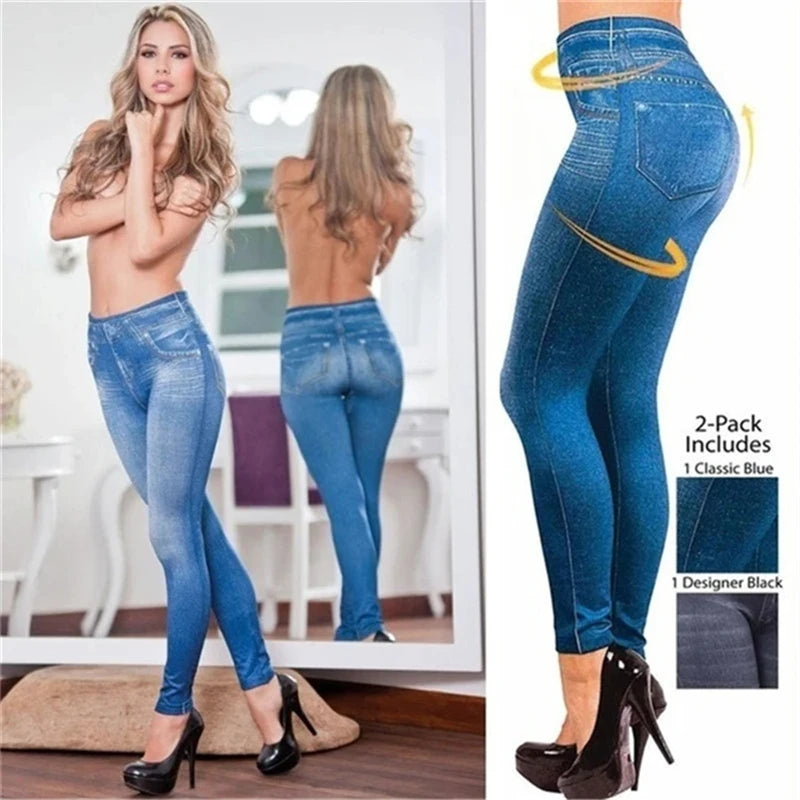 Leggings Denim Ultra Elasticizzato Vita Alta Donna Slim Fit Glutei Sollevati Pantaloni Attillati