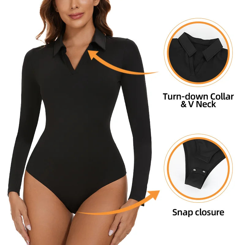 Body sexy da donna a maniche lunghe Colletto rovesciato Scollo a V Shapewear Camicia per il controllo della pancia Camicia per il sollevamento del sedere Compressione senza cuciture