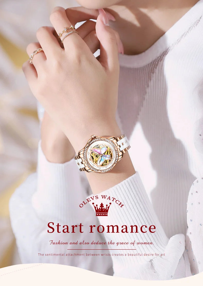 OLEVS Orologio Da Donna Meccanico Automatico In Ceramica Lunetta Originale Impermeabile Luminoso Quadrante A Farfalla
