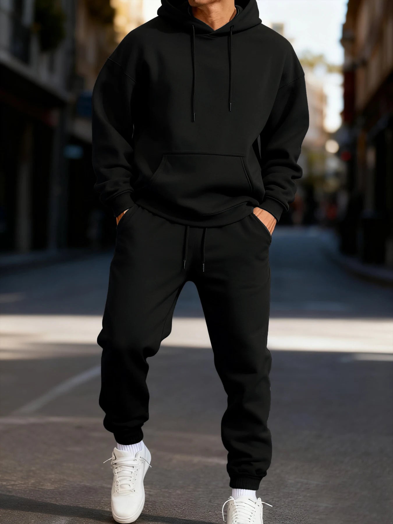 Felpa Con Cappuccio Da Uomo Set Invernale Due Pezzi Tinta Unita Abbigliamento Da Strada Sportivo Casual