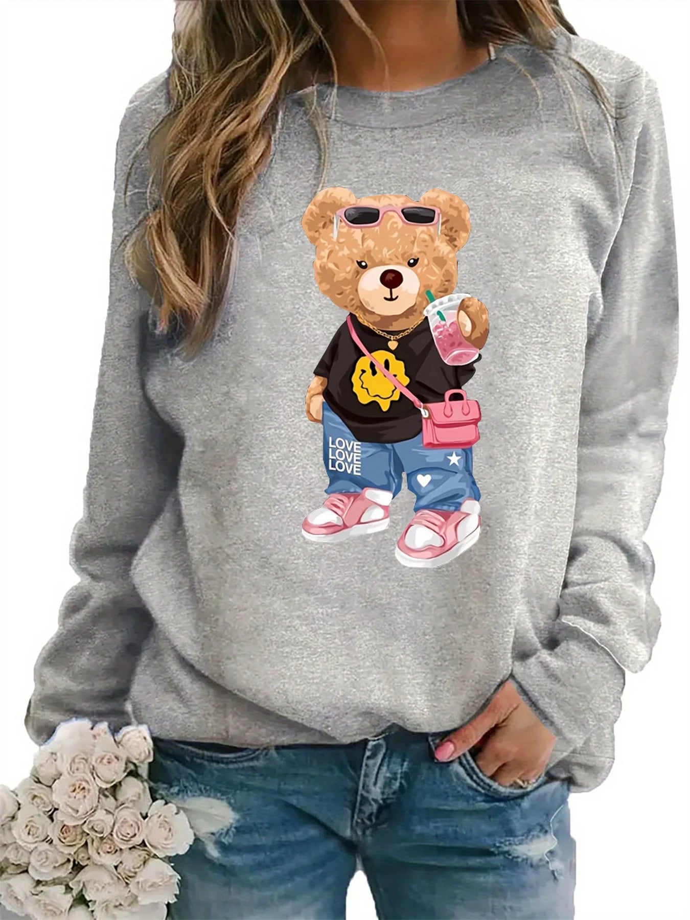 Pullover Da Donna A Maniche Lunghe Con Collo Rotondo E Stampa Di Orsi Caldi, Largo E Comodo, Moda Autunno Inverno