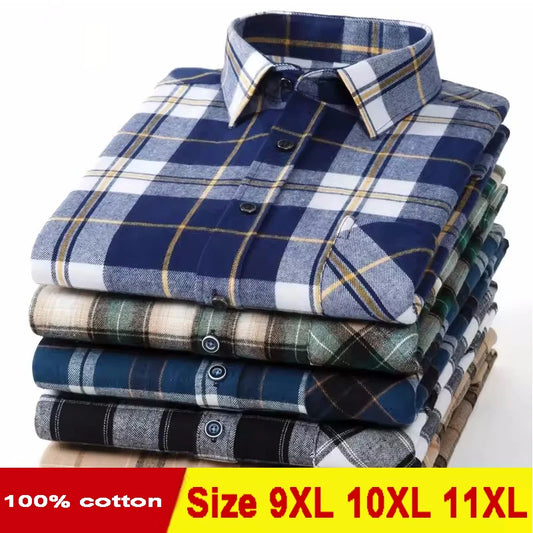 Camicie Flanella Scozzese da Uomo Manica Lunga Plus Size 9XL 10XL 11XL Cotone Morbide Standard Fit Casual