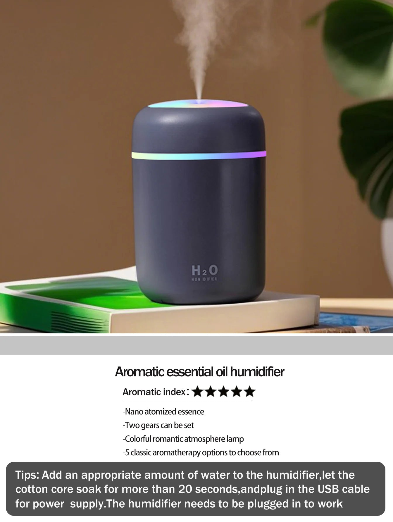Diffusore Aromaterapia Umidificatore Purificatore D'Aria 300ml Luce a Sette Colori Olio Essenziale per Uso Domestico
