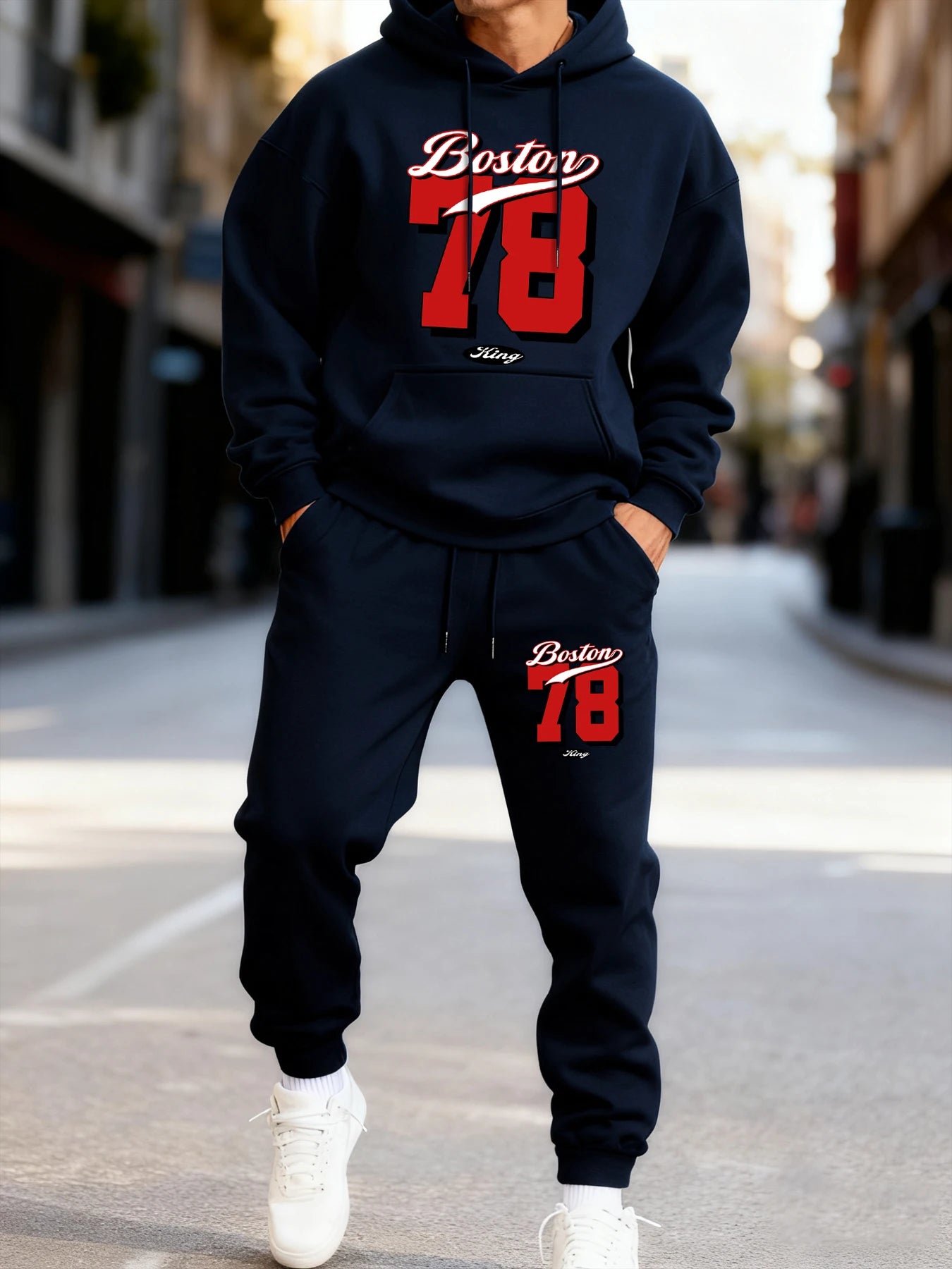 Boston 78 Stampa Felpa Con Cappuccio Da Uomo Due Pezzi Set Autunno Inverno Abbigliamento Sportivo Completo
