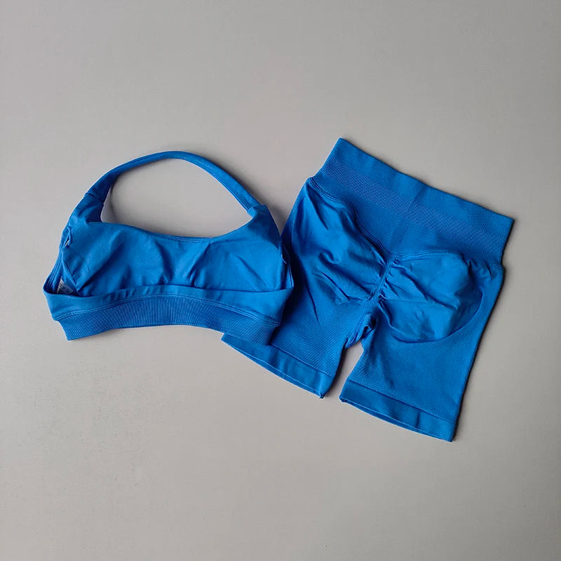 Set Sportivo Da Yoga Donna 2 Pezzi Giacca Seamless Scollo Americana Reggiseno Pantaloncini Elasticizzati Per Fitness