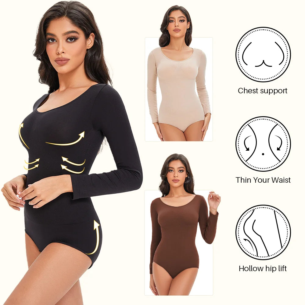Pokarla Body Suit Spandex Elastico Shapewear Donna Controllo Pancia Manica Lunga Cavallo Aperto Girocollo Shaper