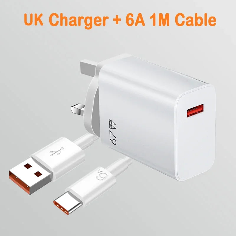 Caricabatterie USB 67W Per Xiaomi 14 13 12 11 Mi Poco Redmi Note 10 9 Pro 6A Adattatore Muro Cavo USB C Ricarica Turbo
