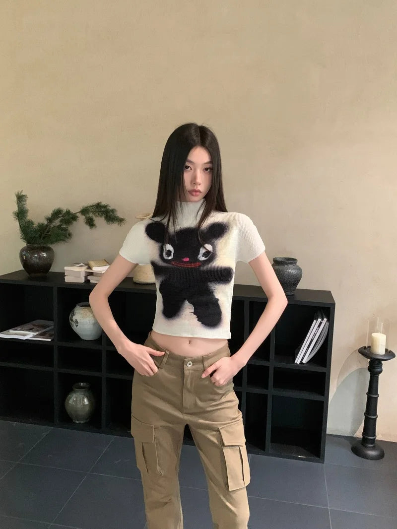 Cheerart Y2K Moda Crop Top Piega Da Donne Estate Manica Corta Kawaii Cartoon T Shirt Abbigliamento