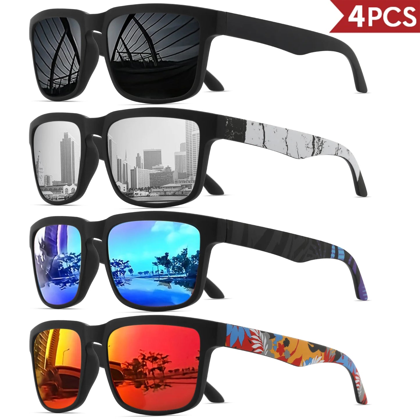 Occhiali Da Sole Sportivi Quadrati 4 Pezzi Motivo Tempio Design UV400 Per Uomini E Donne Vacanze Al Mare