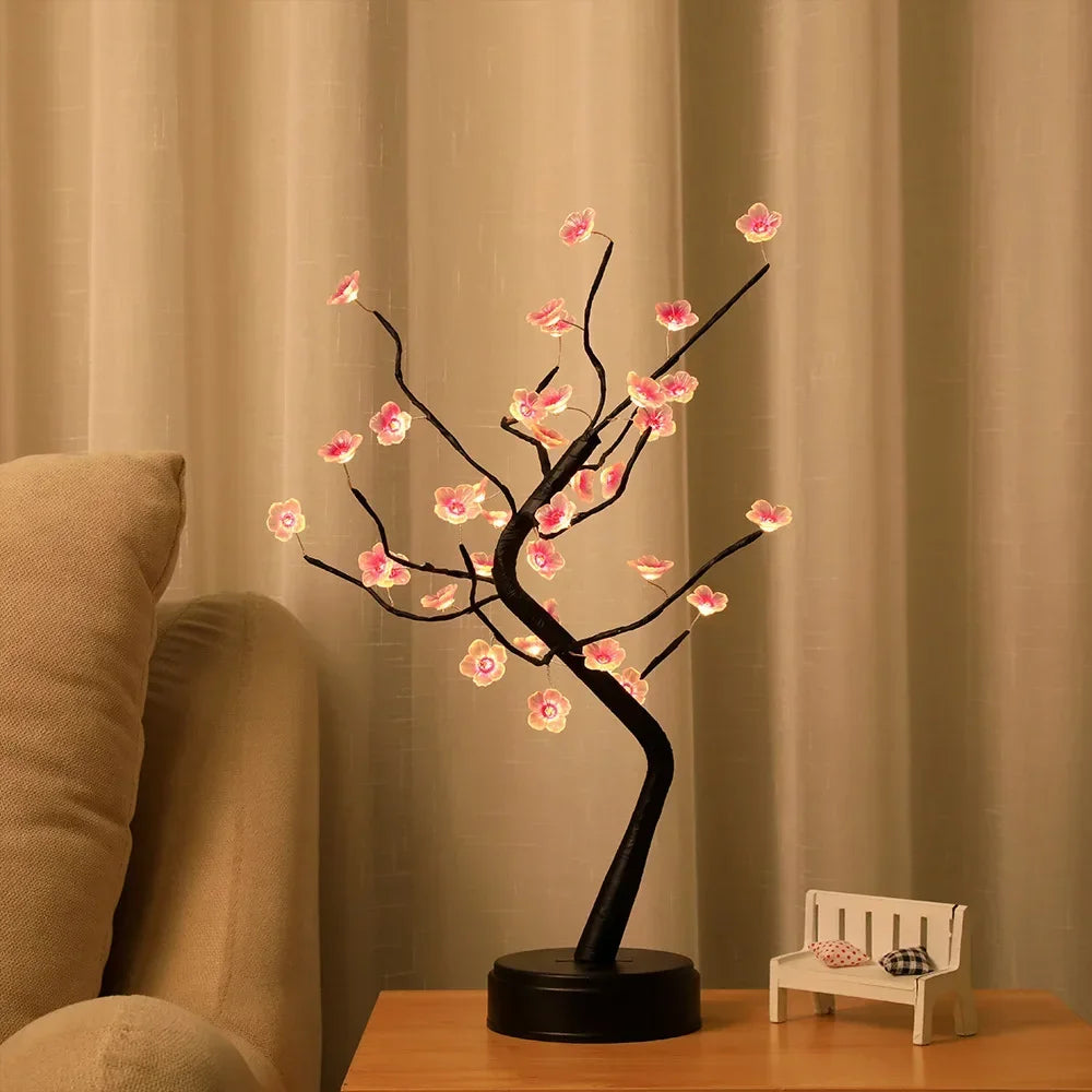 Lampada Da Tavolo LED Per Bonsai Artificiale Ciliegio Bianco Caldo Con Interruttore Tattile USB E Batteria
