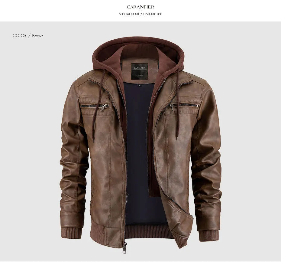 Giacca Di Pelle Per Uomo Moto Biker Con Cappuccio Lusso Vintage Abbigliamento Uomo Grintoso