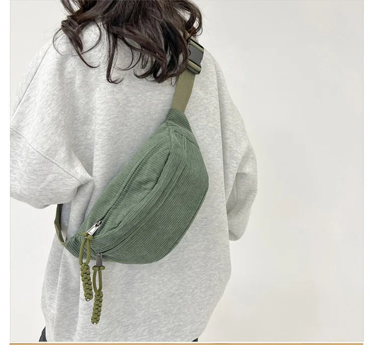 Marsupio da Donna in Velluto a Coste di Grande Capacità Borsa da Petto Stile Street Borsa a Tracolla Cintura Casual