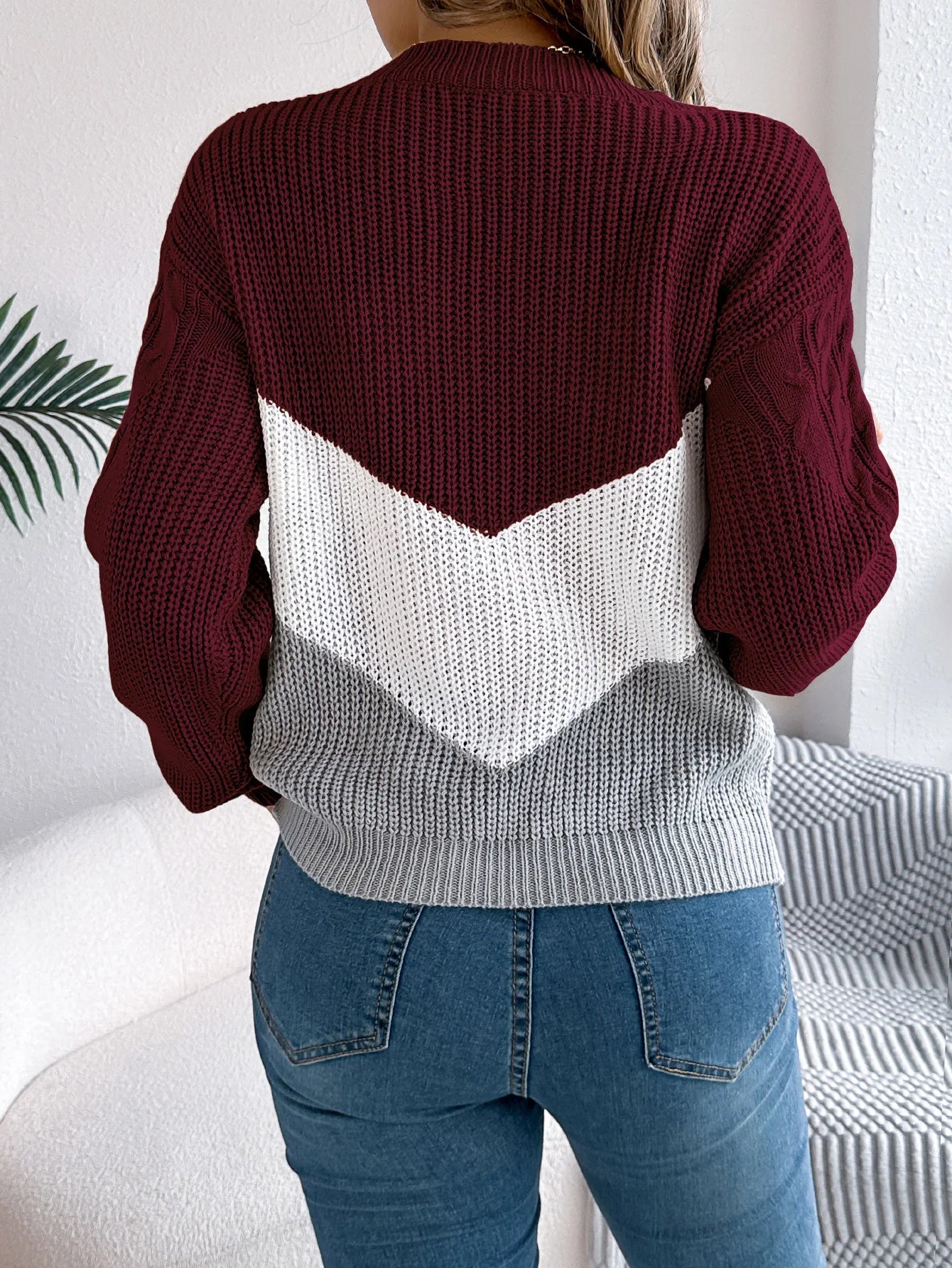 Pullover Lavorato A Maglia Autunno Inverno Color Block Manica Lanterna Collo A O Jersey Donna Elegante