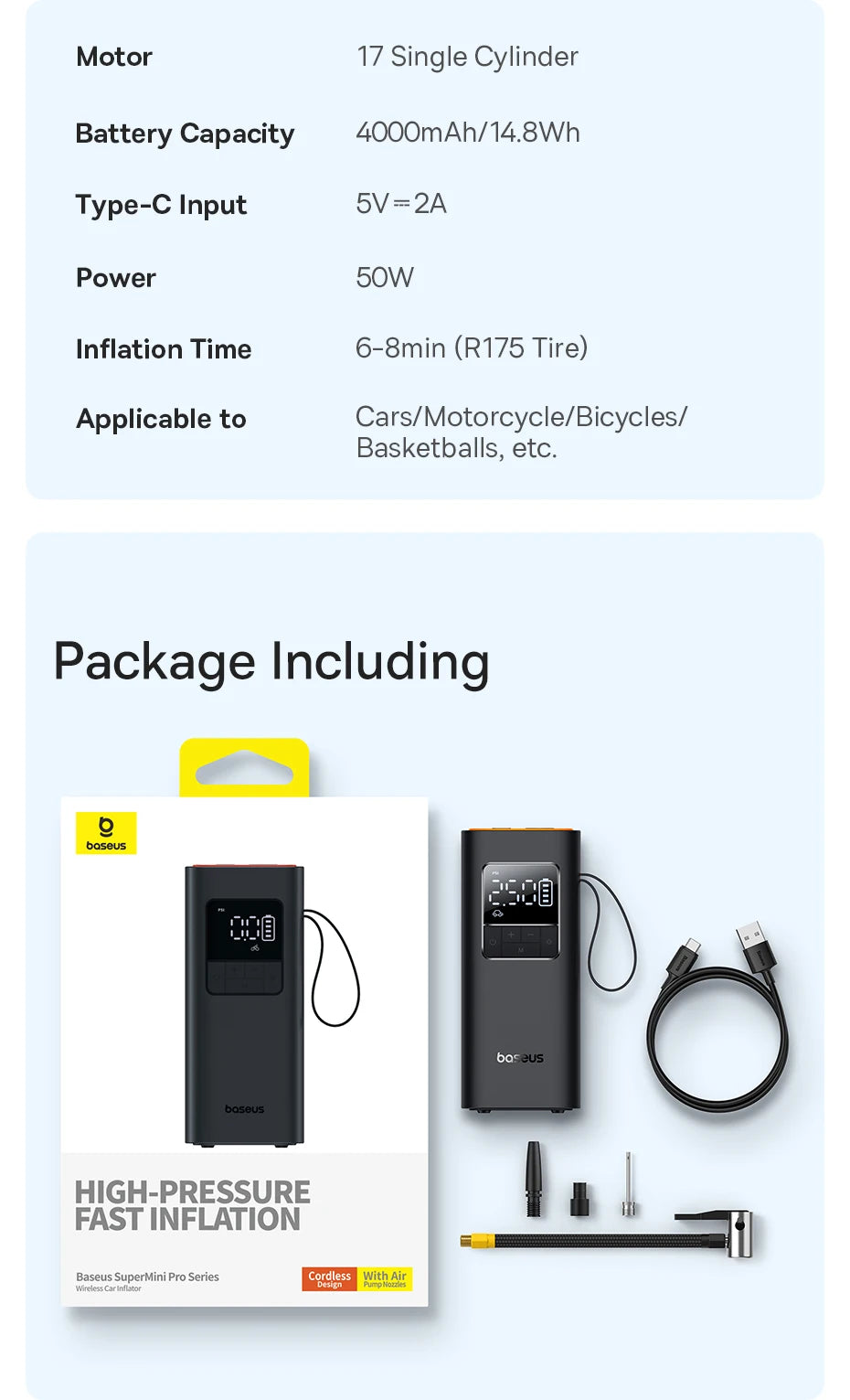 Baseus Pompa Aria Wireless Portatile Digitale 4000mAh Per Auto Moto Bici Gonfiaggio Veloce Controllo Digitale