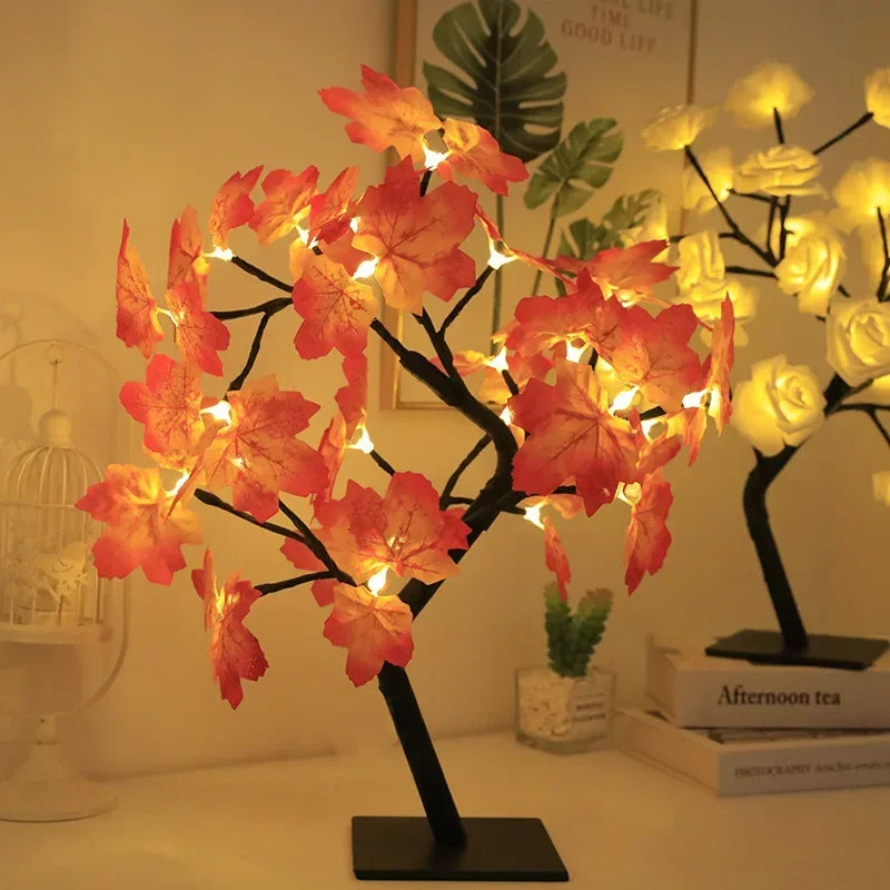 Lampada Albero Fatato Da Tavolo A LED Con 24 Luci Rosa E Foglie Di Acero Decorazione Romantica USB Per Nozze Halloween